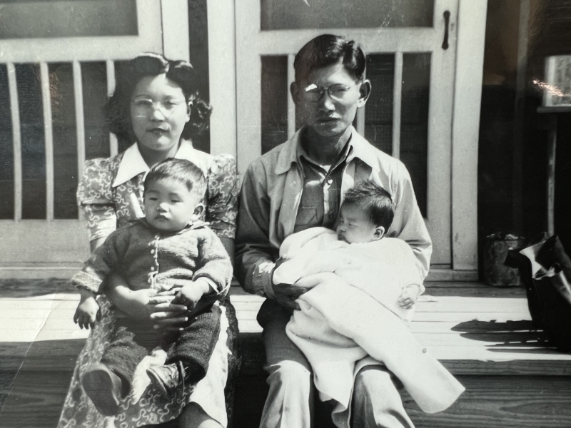 Christine Shimasaki's parents, Tom and Mitsuye Shimasaki with her brother and sister in the internment camp
